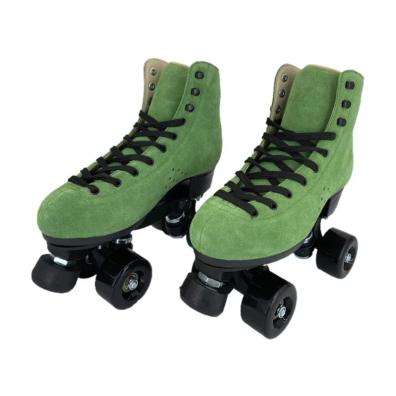 Unisex Double Line Roller Skate Pro Quad Skates Retro Cowhide Suede Sport Patines Men Women Skating Boots Outdoor Skating Gears