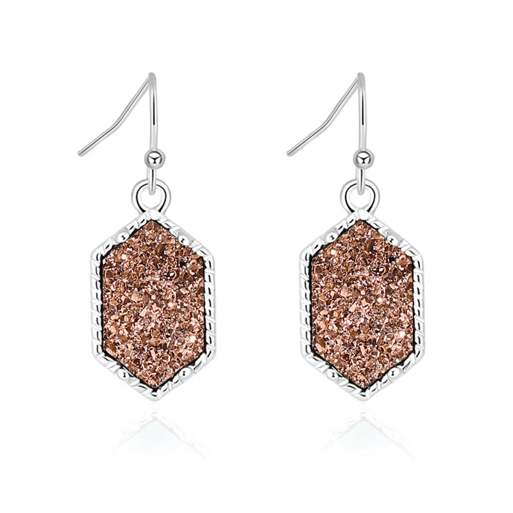 Drusy шестигранные Висячие серьги, Имитация кристаллов, камни Друза, позолоченные сережки с серебряным покрытием, брендовые ювелирные изделия для женщин