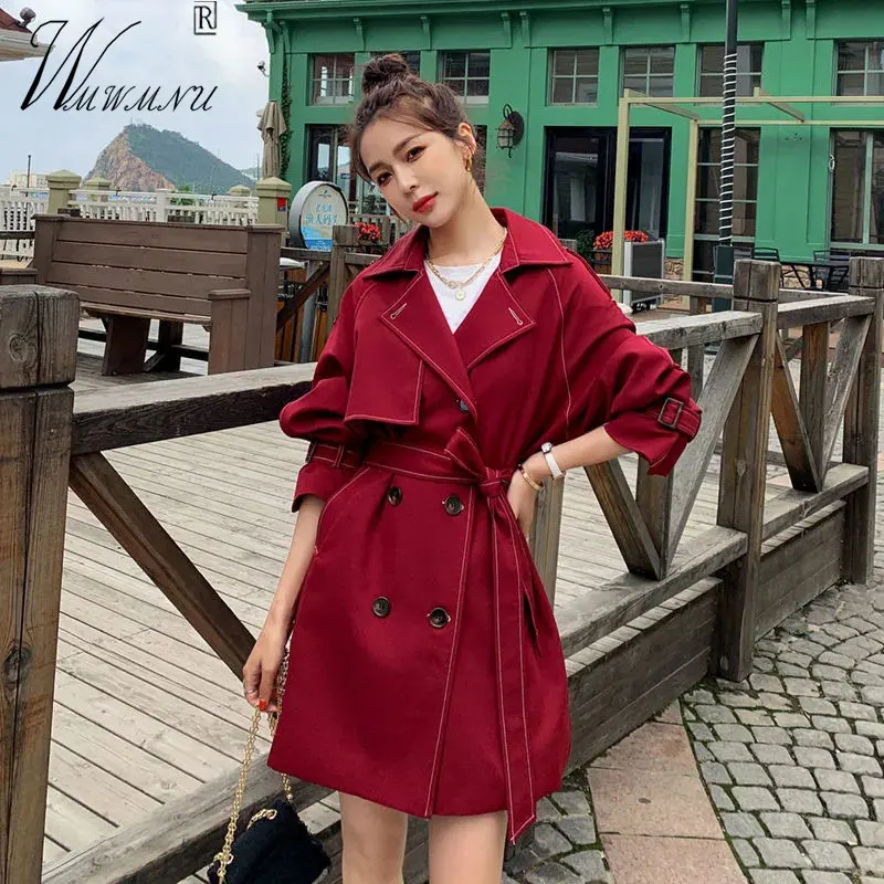 

Elegant Chic OL Women's Korean Trench Coat 2021 Autumn Fashion Belt High Street Outwears Classic Buttons Suit Collar Windbreaker
