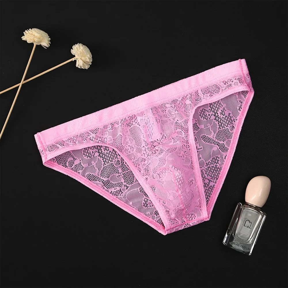 

Men's Lace Bikini Underwear Panties Briefs Fashionable Transparent Low Waist Sexy Ice Silk Breathable Solid Underpants Lingerie