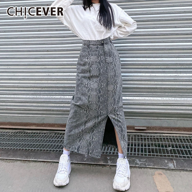 

CHICEVER Vintage Snakeskin Print Skirt For Women High Waist Side Split Colorblock A Line Midi Skirts Female Autumn 2021 Clothing