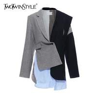 twotwinstyle casual patchwork asymmetrical women blazer notched long sleeve irregular hit color suits female fashion clothes new