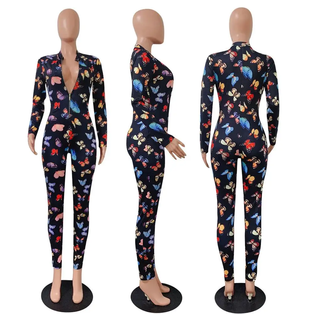 

Elegant Butterfly Print Body Rompers Womens Jumpsuit Sexy Leopard Print Zipper V Neck Long Sleeve Bodycon Jumpsuit Women Clothes