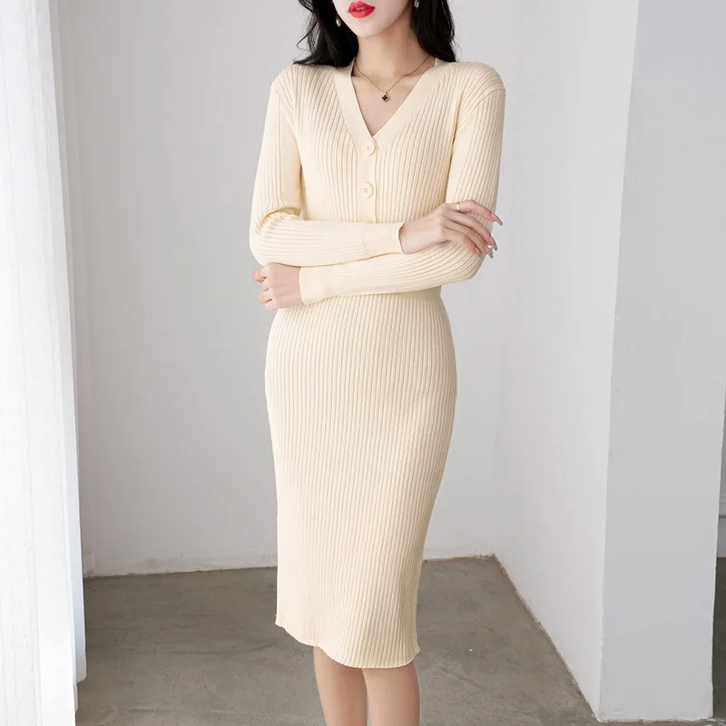 

women autumn winter thin mid-calf knitted dress female v-neck solid color french elegant slim bodycon sweater dress