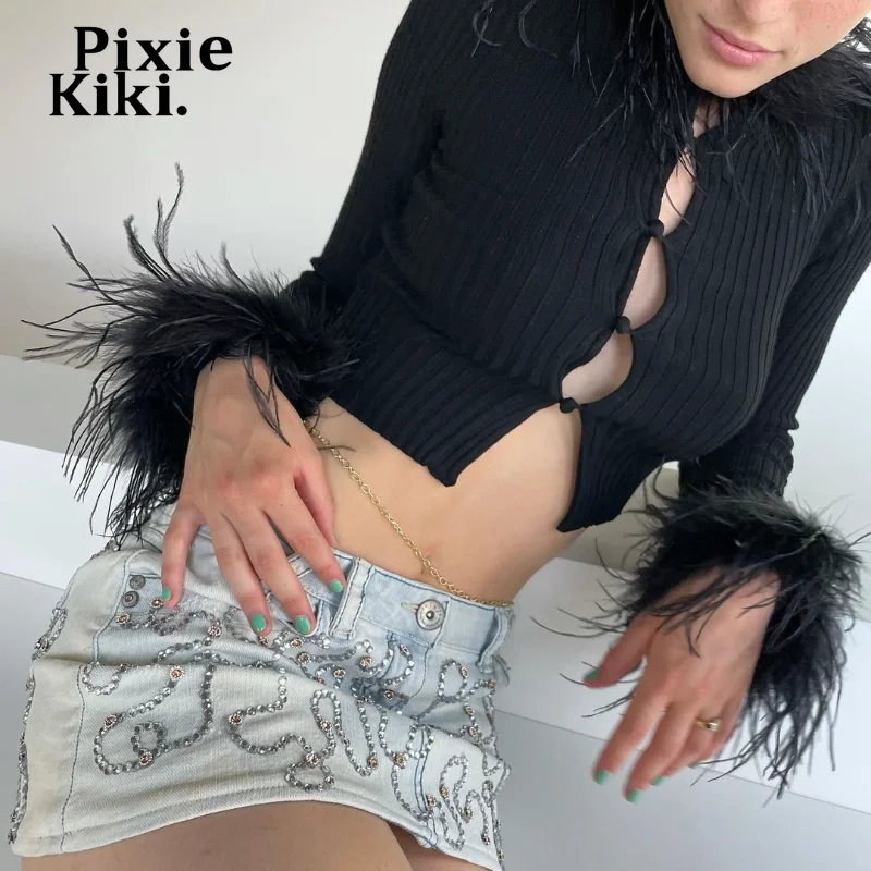 

Пикантная пушистая женская зимняя одежда PixieKiki, черный вязаный укороченный Топ с длинным рукавом, короткое пальто