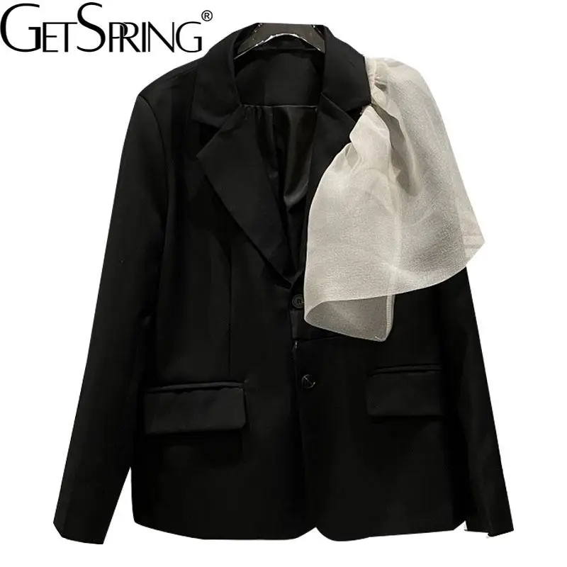 

GetSpring Женский блейзер, сетчатый однобортный черный женский костюм, пальто с длинным рукавом, Свободные повседневные женские куртки, осень ...