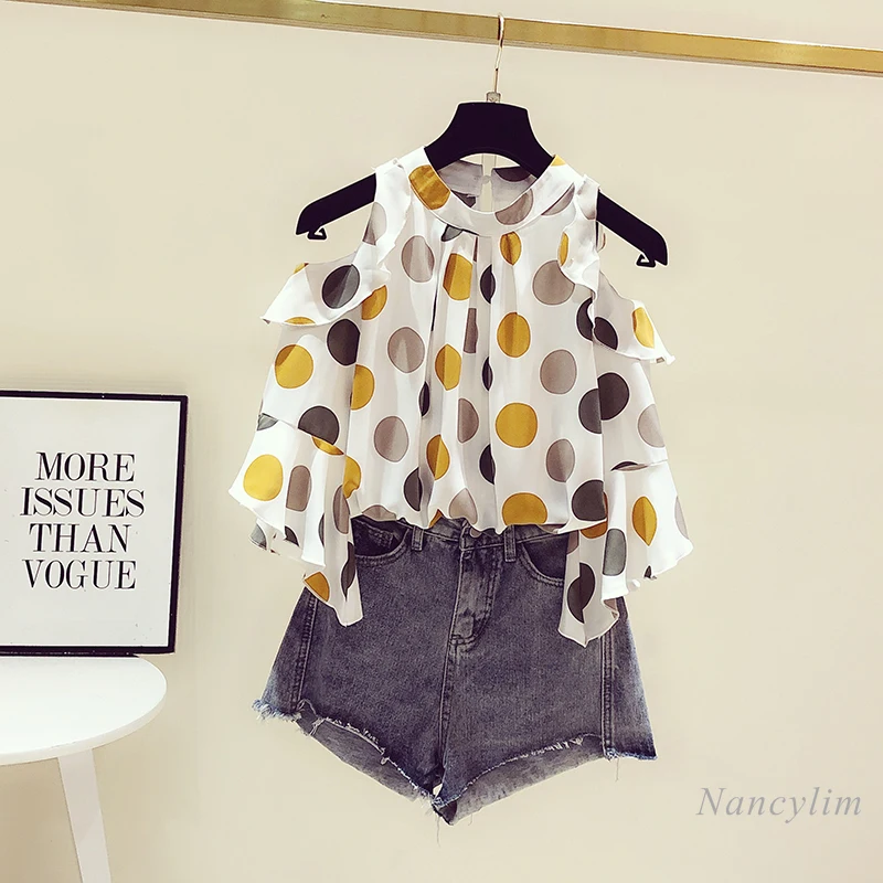 Chemisier en mousseline de soie pour femmes, épaules dénudées, à pois, manches évasées, à volants, à la mode, coupe ample, nouvelle collection été 2021