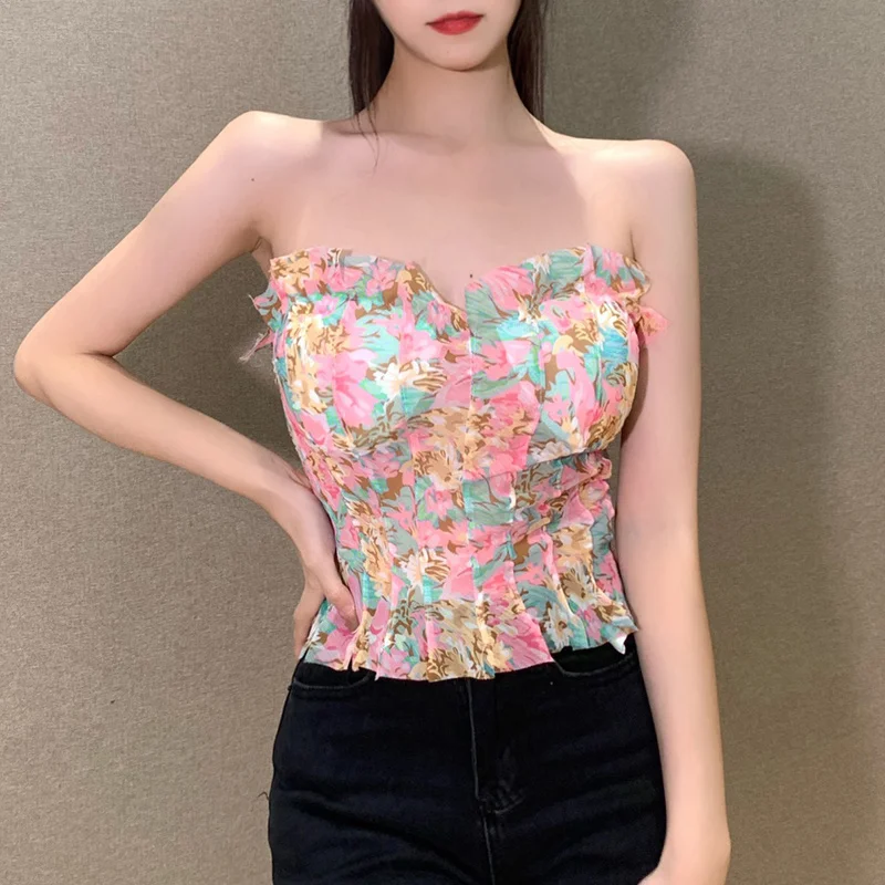 

Женский цветочный плиссированный топ Kywommnz, летний модный топ без рукавов с лямкой на шее, модель E2780, 2021