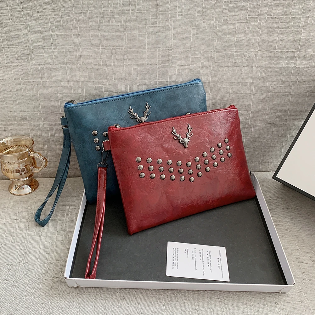 

2021 модная сумка-конверт из искусственной кожи с заклепками и головой оленя, зимние и осенние женские повседневные наручные сумки, качествен...