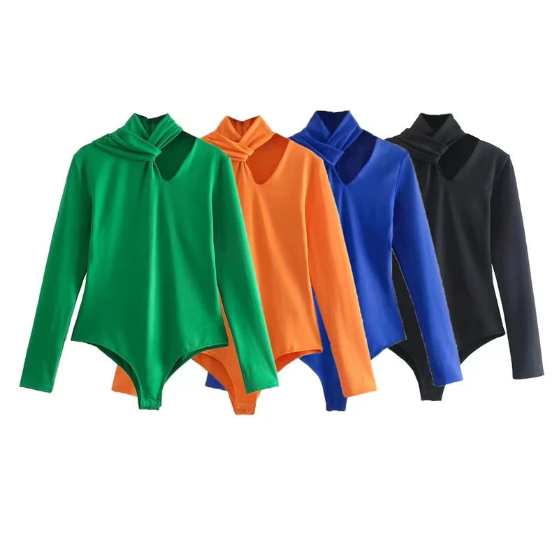 

ZXQJ Women Sold Long Sleeve Bodysuit 2021 Autumn Fashion Ladies Slim Hollow Out Street Tops Female Solid Knot Bodysuit