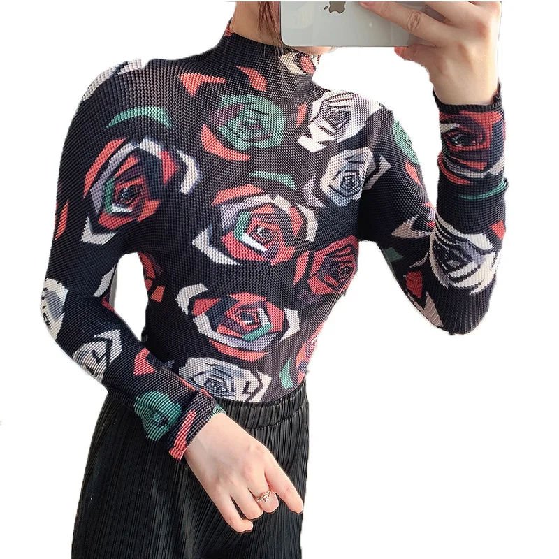 

Classic Hand-made Pleated Half High Collar For Women With 2020 New Retro Printed T-shirt Long Sleeve Top