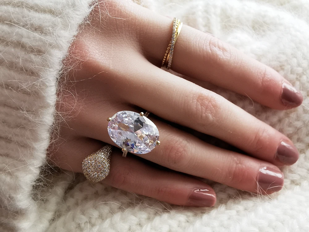 Серебро 925 пробы 20 карат овальный большой AAA циркон обручальное кольцо Blingbling камень женское заявление 4 коготь дизайн кольцо ювелирные изделия