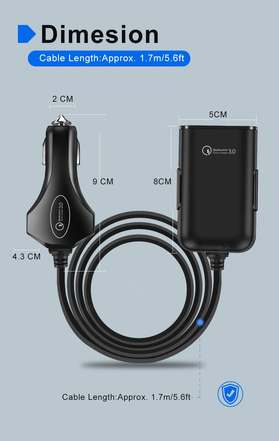 Автомобильное зарядное устройство с 4 usb-портами, быстрая зарядка 3,0, автомобильное зарядное устройство с кабелем 1,7 м для планшета, смартфона iPhone X 8 7, расширенный адаптер QC 3,0
