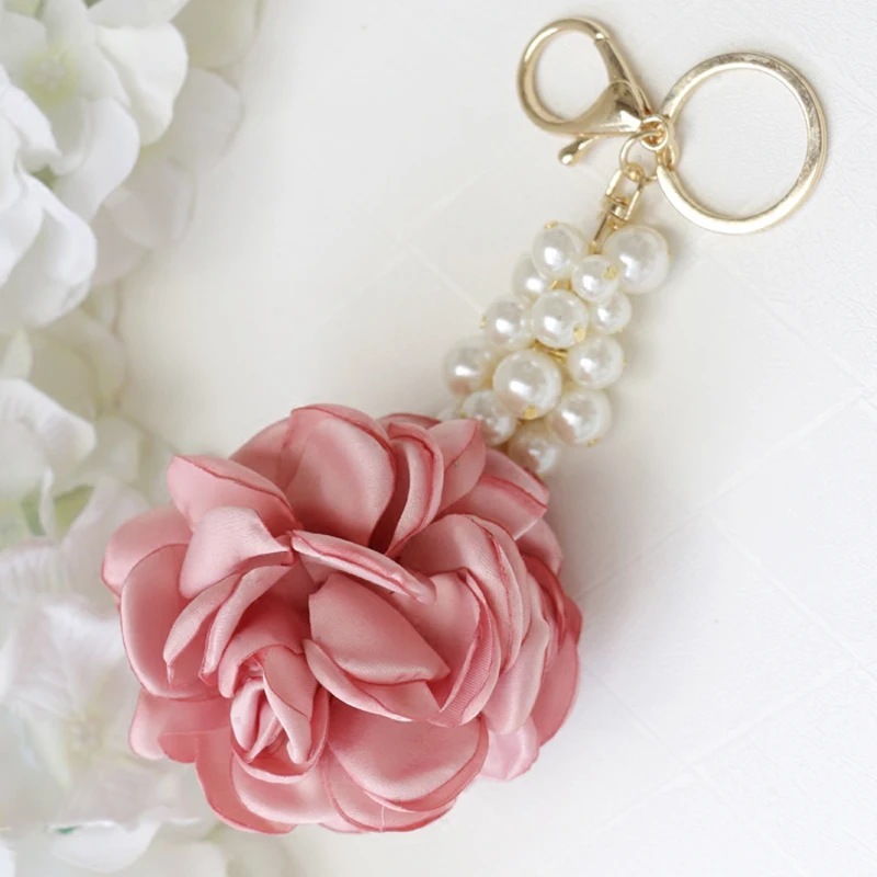 

New Rose Shape Cloth Flower Ball Keychain Key Ring for Women Bag Pearl Car Pendant Jewelry Gifts Trinket Key Chain EH400
