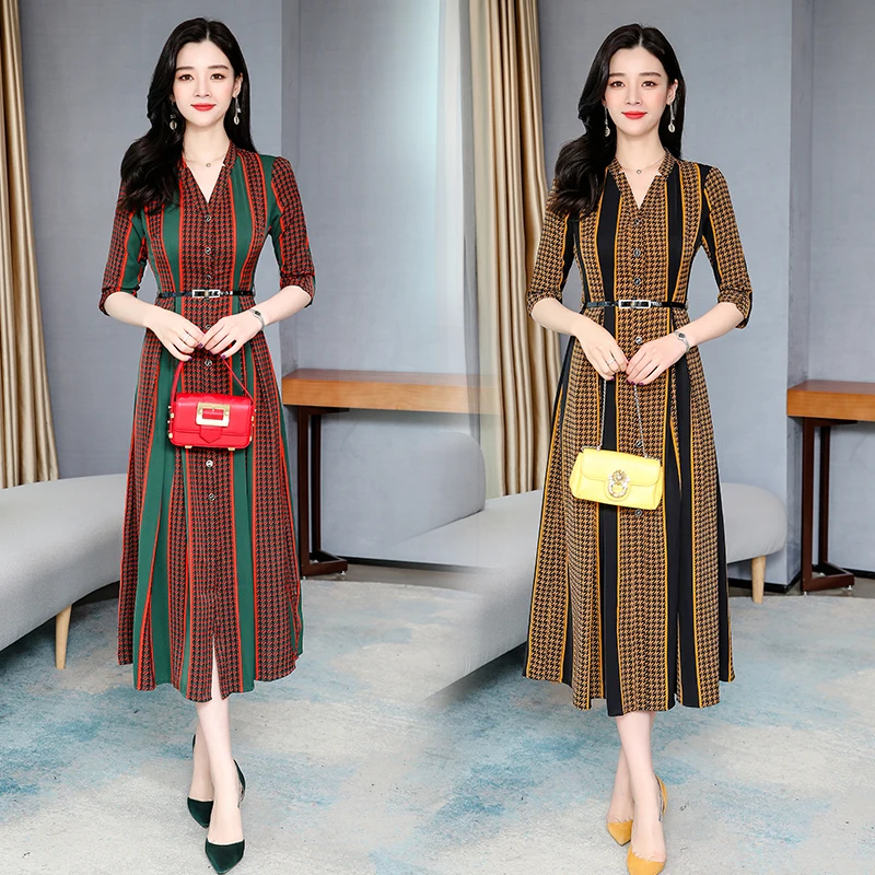 

Collaosed stripe dress dress with elegant style restoring ancient ways v-neck waist shirt dress