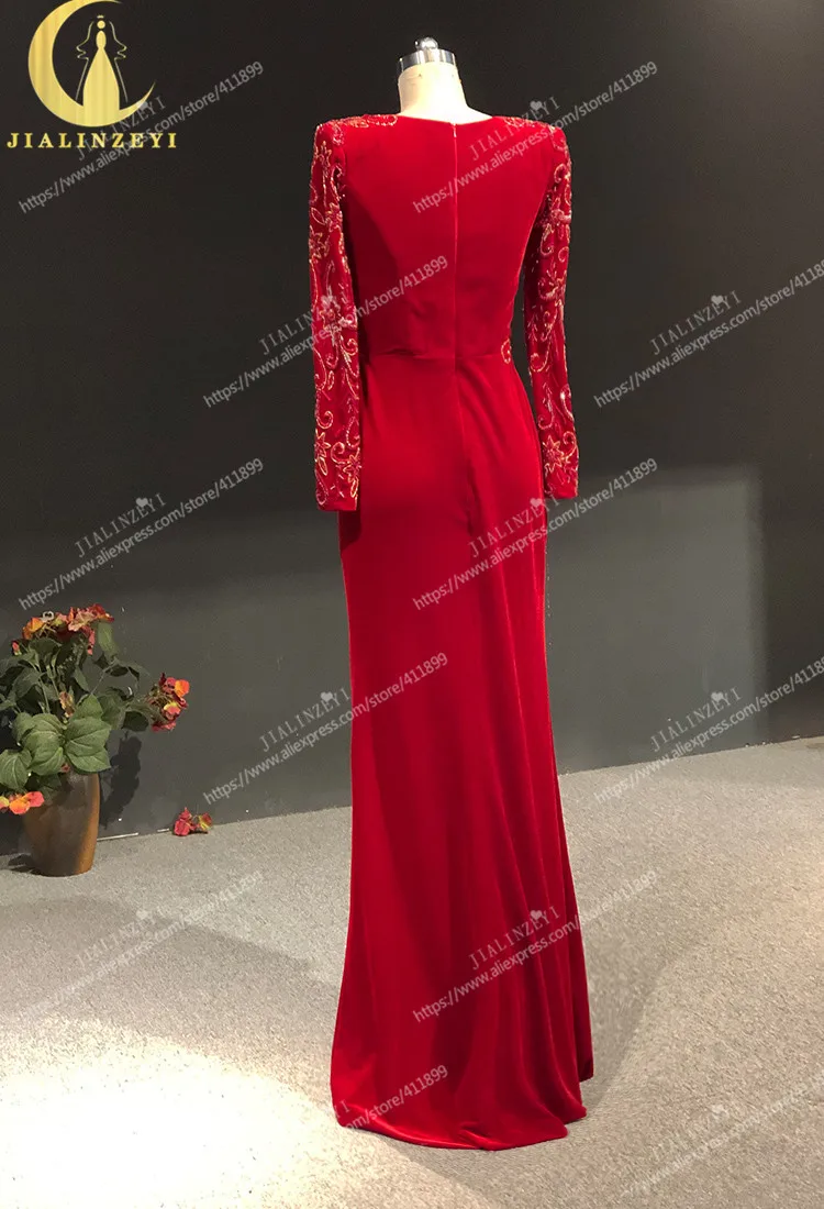 Rhine real Pictures Red Velevt Long Sleeves V Neck Floor Length Arabic платье 2021 Evening Dresses Long