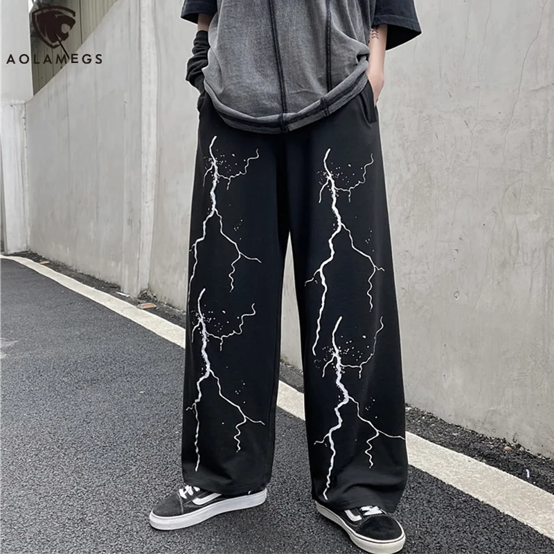 Aolamegs Lightning Skeleton Print Gothic Pants Men Loose Casual Wide Leg Trousers High Street Cool Sweatpants Couple Streetwear