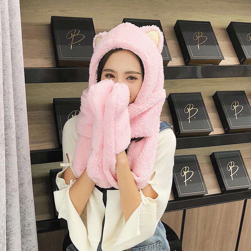 pink Glaforny зимняя твердая шляпа женские двухслойные утолщенный шарф перчатки Корейская версия родитель-ребенок уплотненная шаль - Цвет: pink