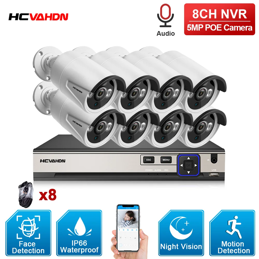 

Face Detection Two way Audio POE 5MP Video Surveillance Kit 8CH NVR CCTV System 5MP Weatherproof CCTV Security POE IP Camera Kit