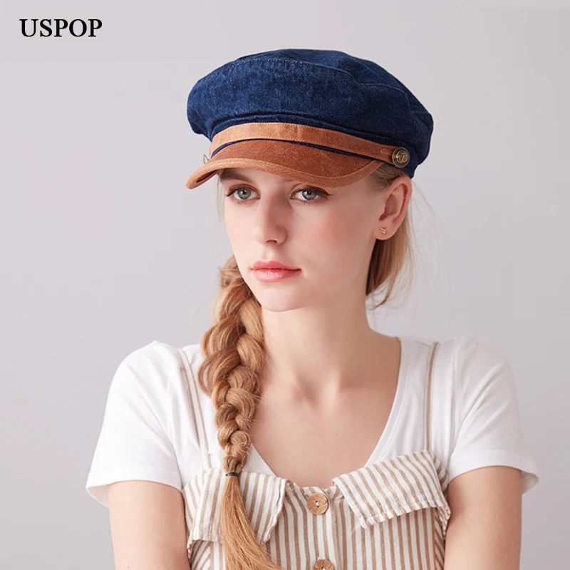 USPOP Новая женская кепка модные джинсовые кепки newsboy Мужские Винтажные моющиеся кепки с козырьком из искусственной кожи с козырьком Восьмиугольные шапки-береты