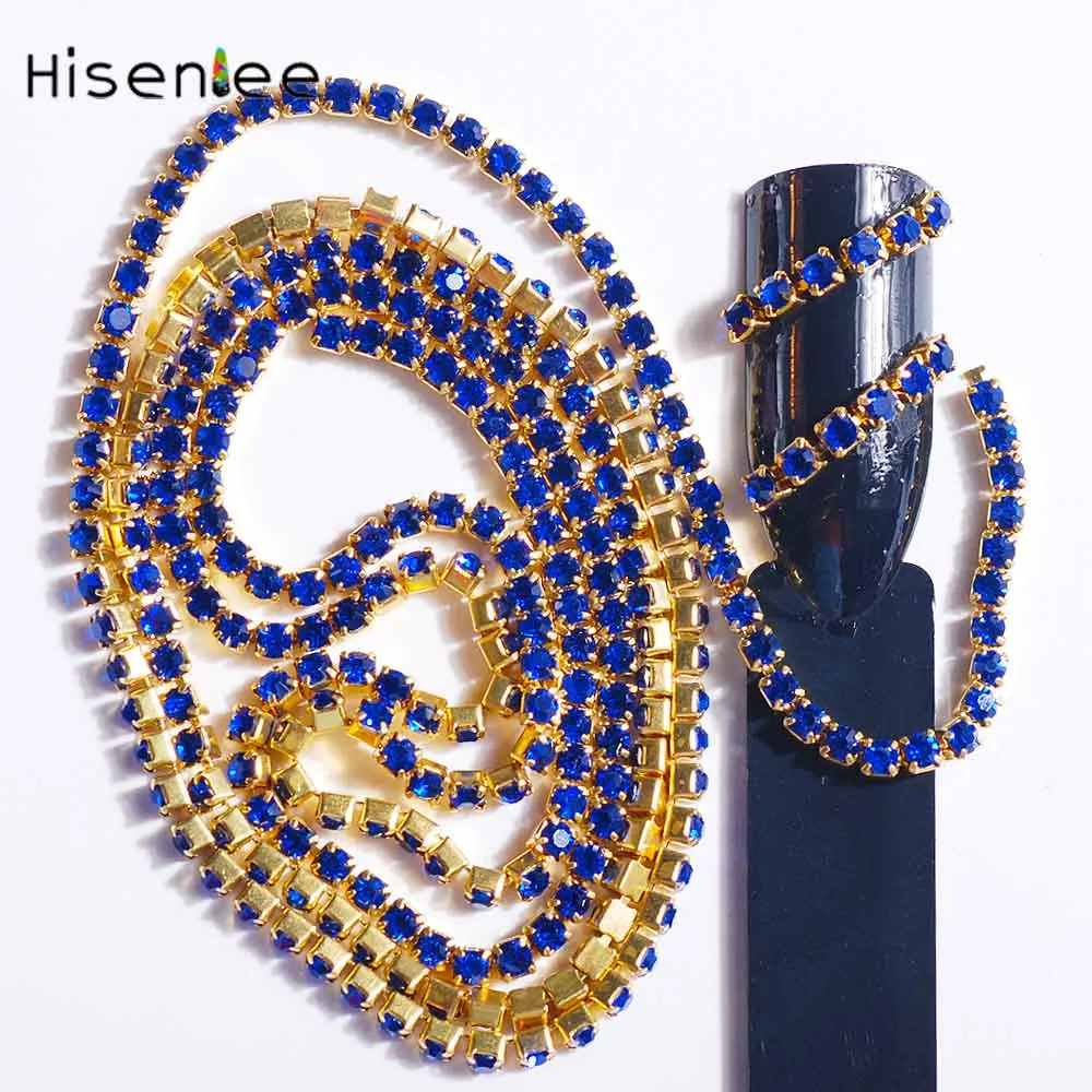 Gold Bottom Sapphire SS6 2 мм 60 см/мешок высокого качества однозубый гвоздь цепь стекло горный хрусталь 3D Мода Шарм DIY Дизайн ногтей украшения - Цвет: Gold Bottom Sapphire