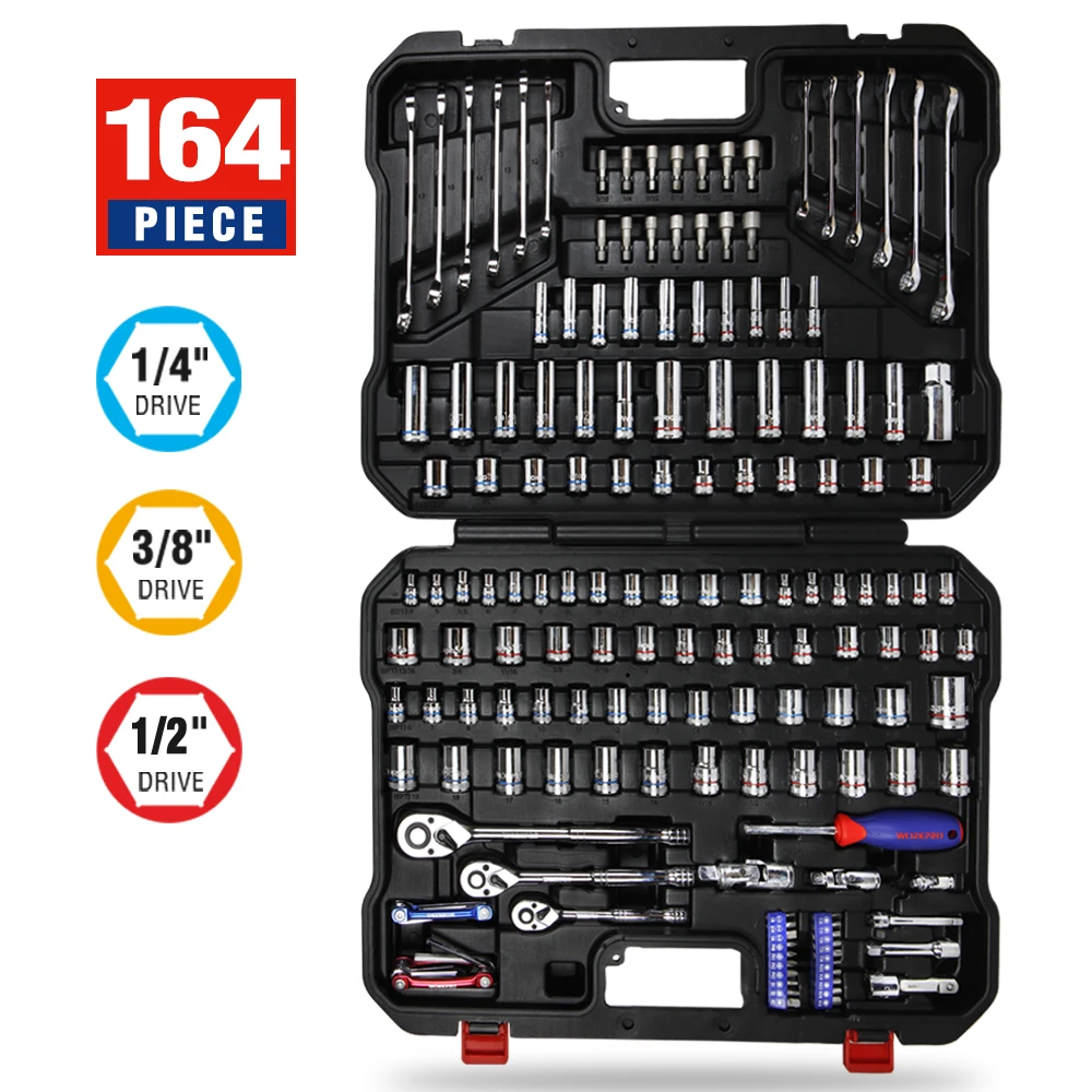 

WORKPRO 101/164PC Wrench and Socket Tool Set Mechanic Tool Set for Car Repair With Universal Joint Adapter Torque Wrench Hex Key