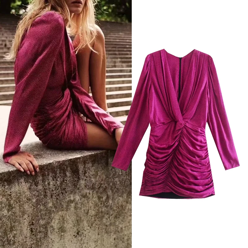 

Женское облегающее мини-платье Za, повседневное шелковое платье с принтом, длинным рукавом и V-образным вырезом, в стиле ретро, осень 2021