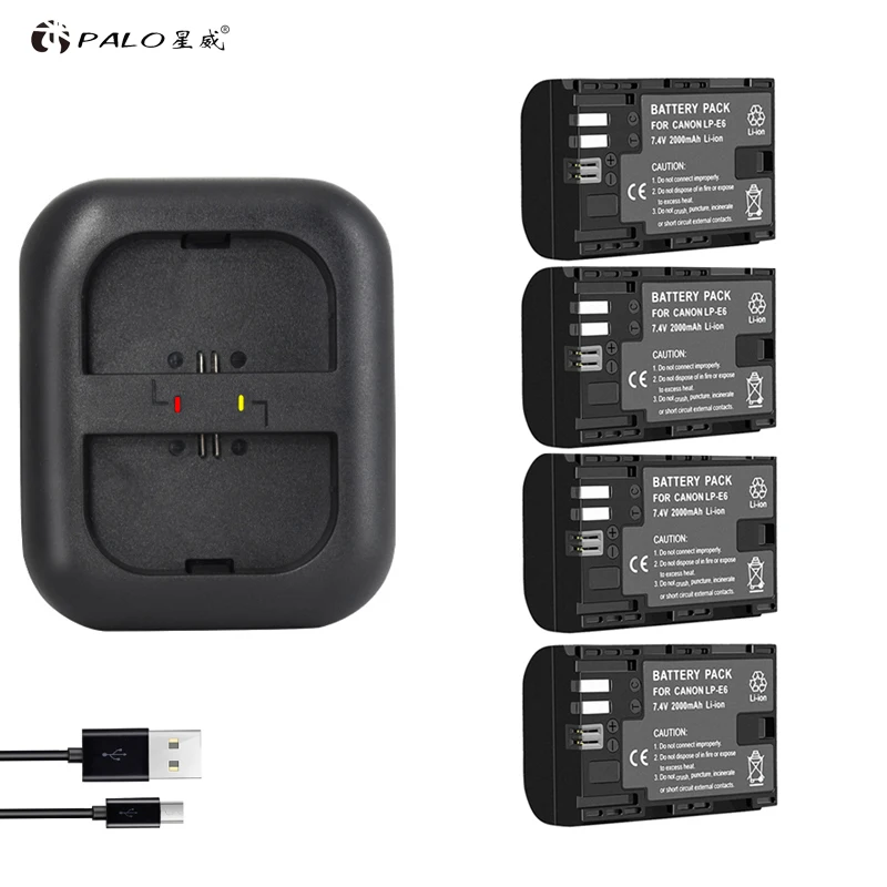 PALO цифровые батареи 4 шт. LP E6 камера батарея 7 в 2000 мАч + USB двойной слот зарядное