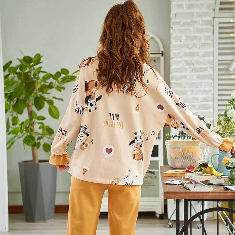 

New Spring Knitted Cotton Women Pajamas Set Long Sleeve Turn-down Collar Cardigan Plus Size 3XL Female Sleepwear Cartoon Pyjamas