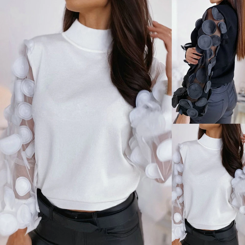 Сексуальные новые сетчатые прозрачные блузки с пышными длинными рукавами Модные