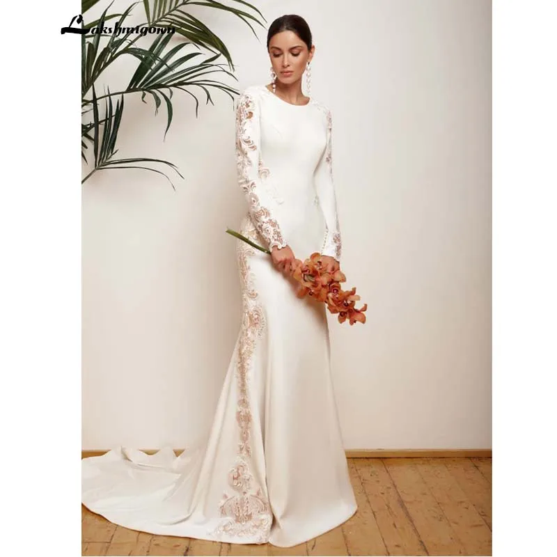 

Lustrous Satin mermaid Wedding Dress 2020 Robe Femme Elegant Bridal Dress long sleeves Beach Wedding Dresses with lace gelinlik