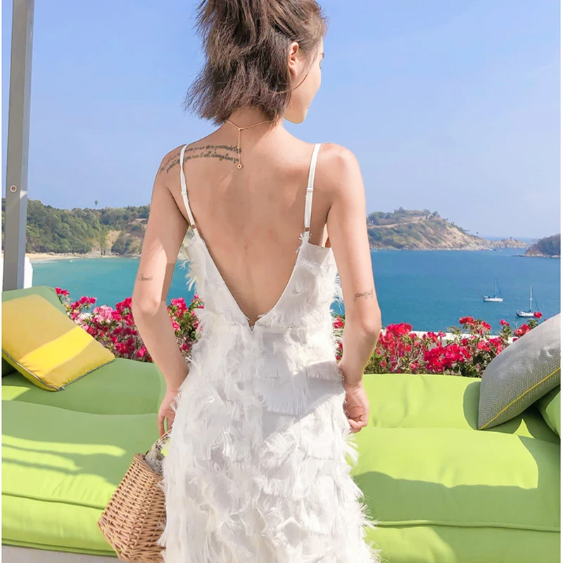 

Feather Vintage Korean Runway Sundress Women Fringe Backless Strap White Maxi Dress Sweet Fairy Casual Vacation Long Beach Dress