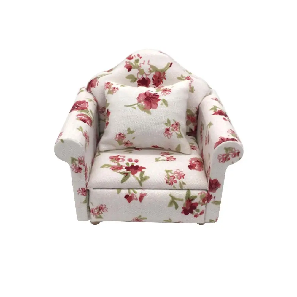 

1:12 Miniature Dollhouse 3D Wooden Furniture Mini Floral Print Sofa Cushion Model Dollhouse Room Decor Photography Prop Kid Gift