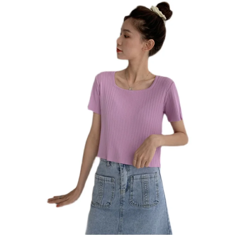 

Candy-Colored Slim Fit Slimming Square Collar Short Sleeve T-Shirt Female Spring 2021 New Style Knit Low Waist Jersey Tops