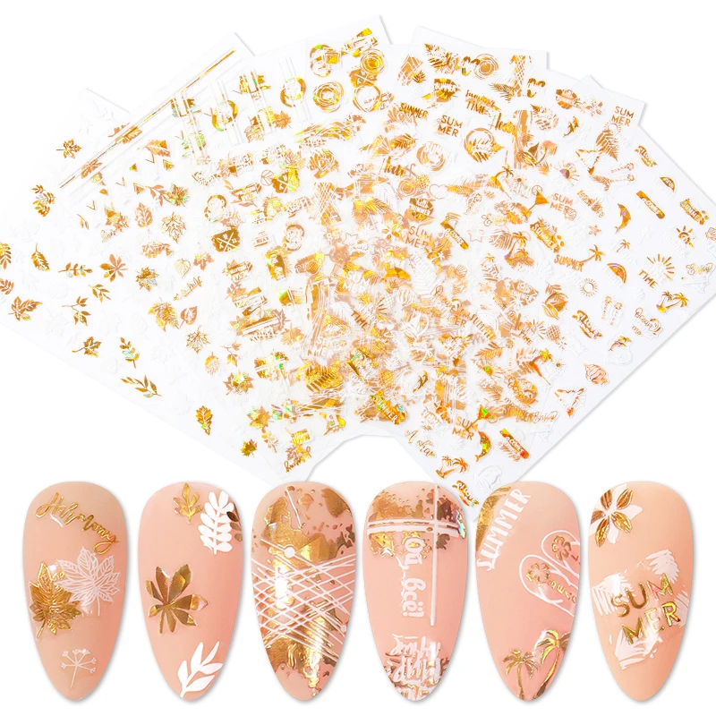 

Holographic Gold Letters Nail Decals Stickers 3D Stripe Nail Art Sliders Adhesive Foils all for Manicure Decorations