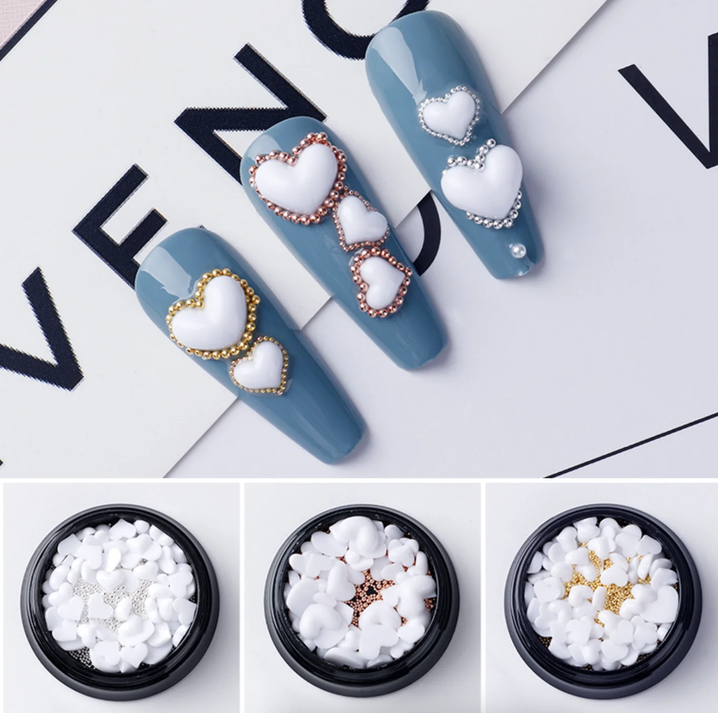 Белые Стальные Бусины в форме сердца смешанные украшения для дизайна ногтей