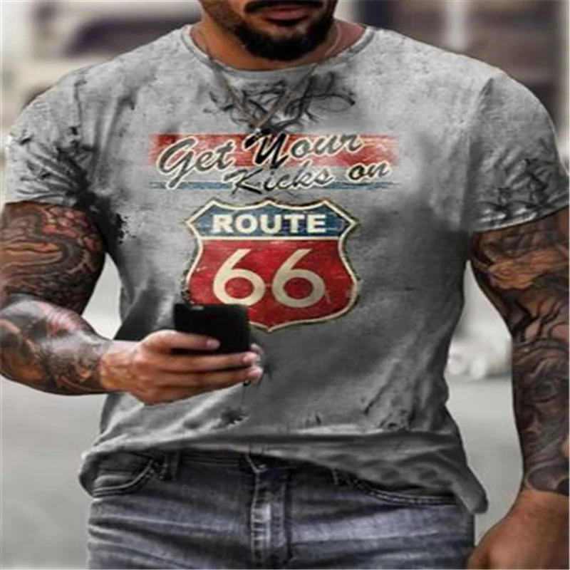 

Men's Short Sleeve T-shirt Loose Casual T-shirt Retro Printing Route 66 Letter Printing T-shirt Men's Clothing