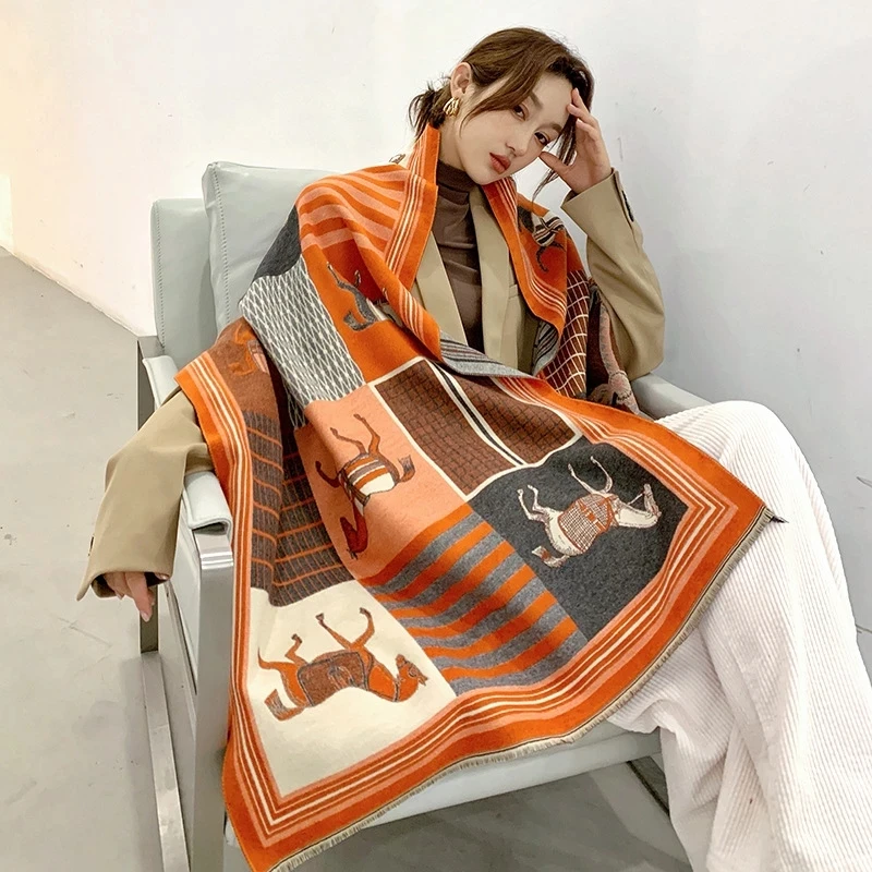 

New 2021 Winter Cashmere Scarf Lady Design Warm Pashmina Blanket Carriage Scarves Women Shawl Female Decoration Thick Foulard A1