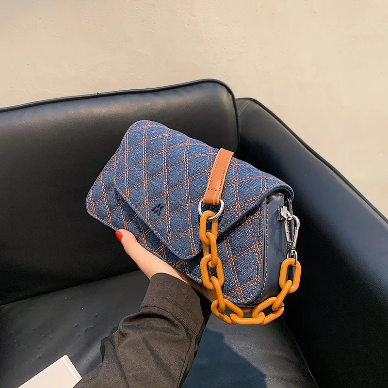 

2021 Autumn Blue Fabric Women's Shoulder Bag Embroidery Pattern Asymmetrical Ladies Crossbody Bag Acrylic Handle Bags Uncle Nine