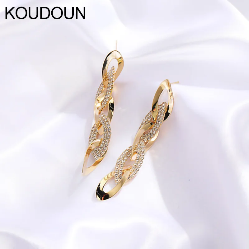 

KOUDOUN Trendy Long Stud Earrings Female Geometric Chain Full Diamond Earrings Antique Fashion Wild Personality Tassel Earrings