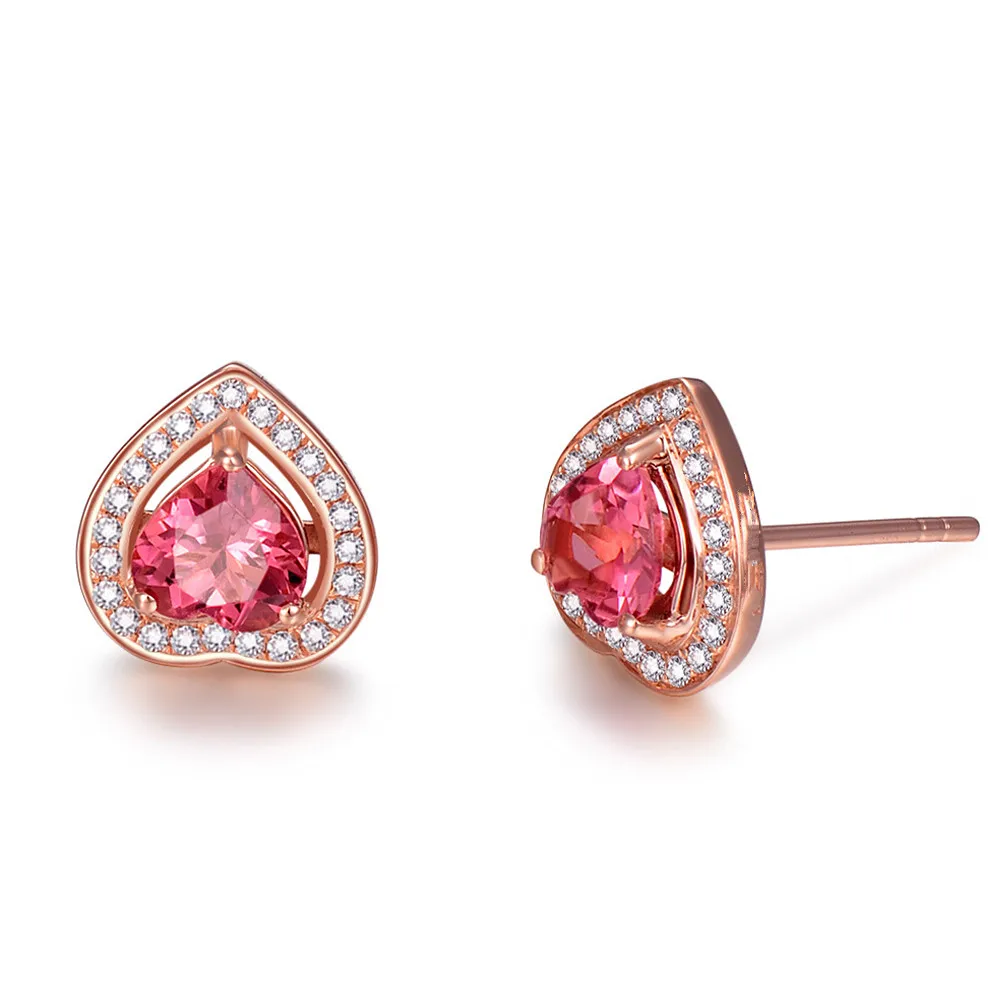 

Rose Gold Tone Heart Red Crystal Ruby Gemstones Diamonds Stud Earrings For Women Classical Jewelry Bijoux Cute Accessories Gifts