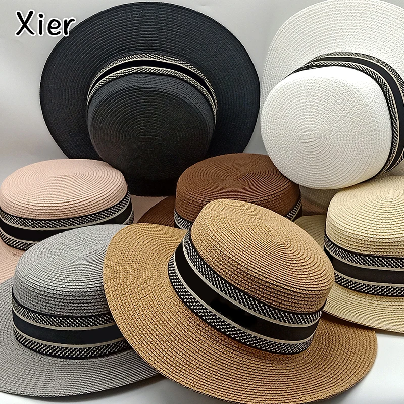 Соломенная шляпа с плоским верхом и широкими полями для женщин модная пляжная