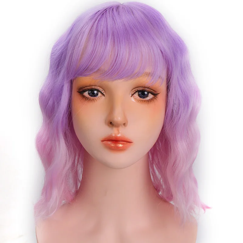 AOSI Synthetic Short Wavy Pink Purple Black Bob Natural Hair Wig With Bangs Heat Resistant Fiber Cosplay Lolita Wigs For Women