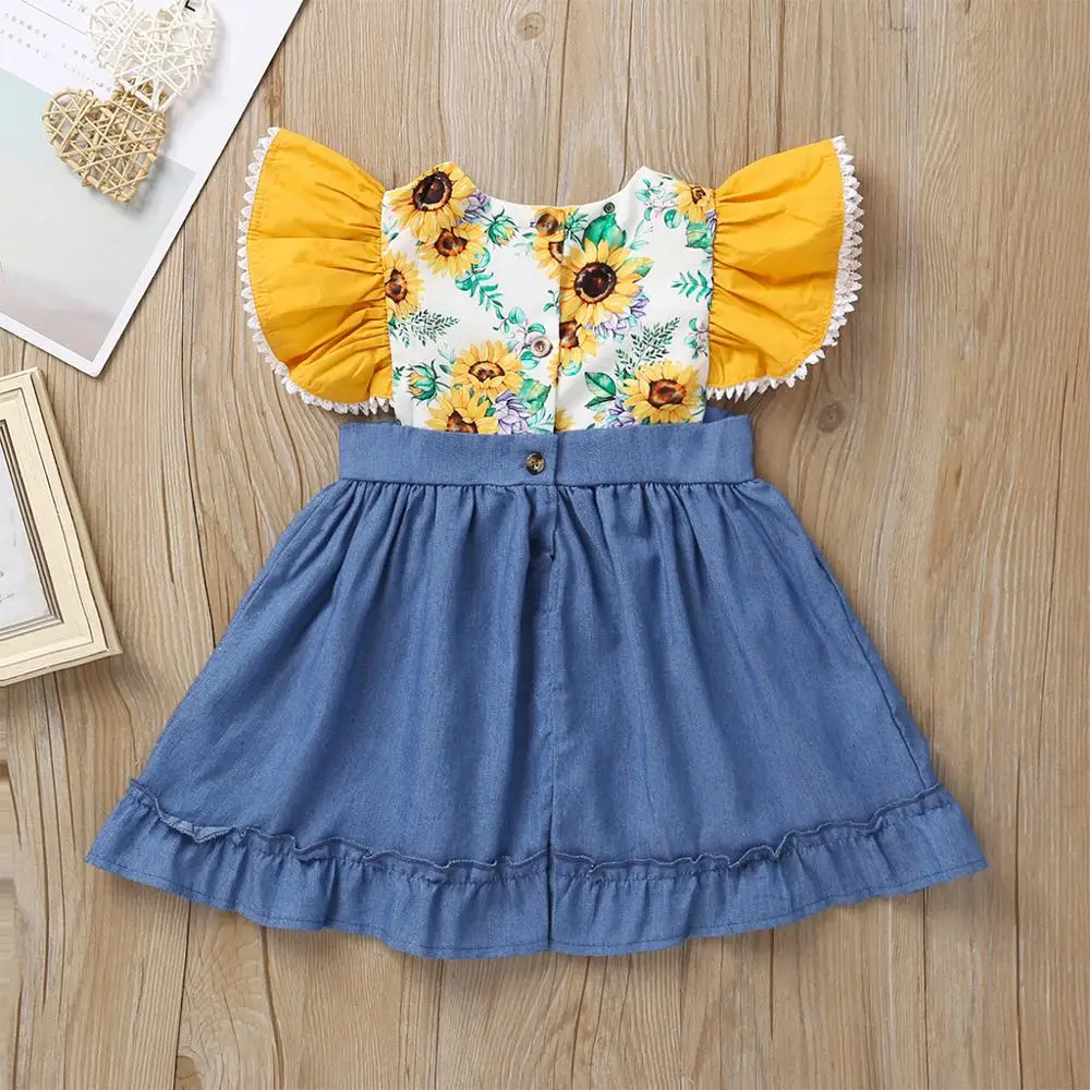 9M-4Y Trendy Baby Girls Cotton Printing Floral Dresses Casual Yellow Short Sleeve Toddler Girl Clothes Costumes Roupas Infantis | Детская