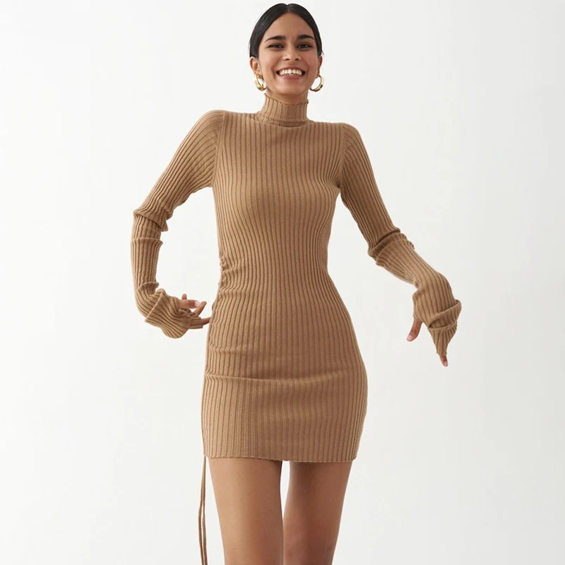 

Ribbed Stripe Sweater Women Drawstring Ruched Lace Up Turtleneck Long Sleeve Bodycon Bandage Mini Dress Sexy Party Elegant