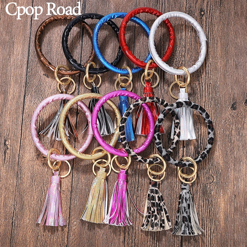 Модный Леопардовый кожаный брелок с кисточками блестящий золотой круг