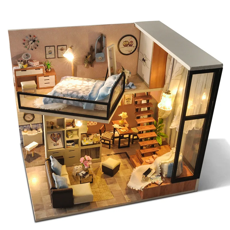 Миниатюрный деревянный кукольный домик «сделай сам», миниатюрный кукольный домик, комплект мебели со светодиодной подсветкой, игрушки для ... от AliExpress RU&CIS NEW
