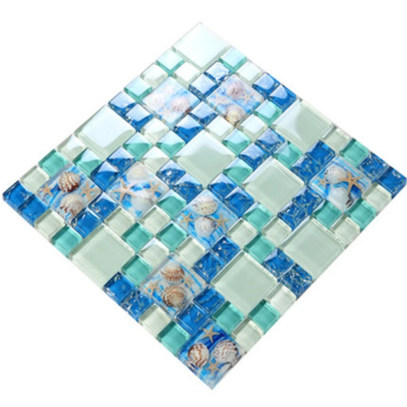 Средиземноморская голубая белая стеклянная мозаичная плитка из ракушек смолы