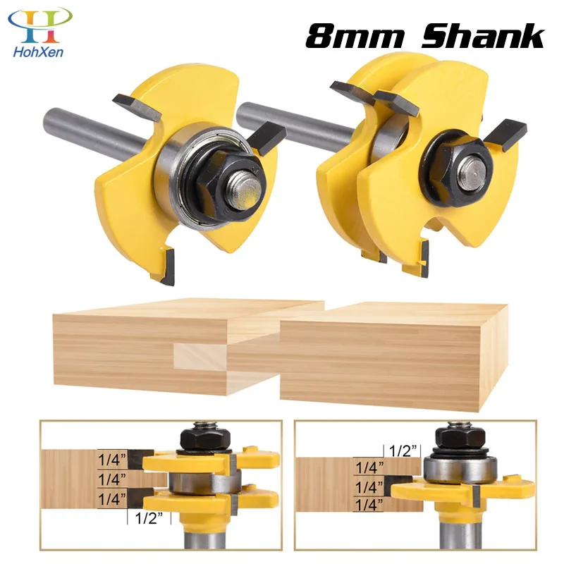2 pc 8mm Shank Tongue & Groove Joint Assembly Router Bit Set Stock Wood Cutting Tool Milling Cutters 1/2'' Width Depth |