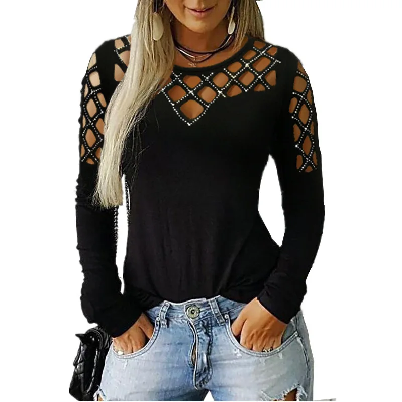

Women's long sleeve T-shirt with hot drill in autumn and winter